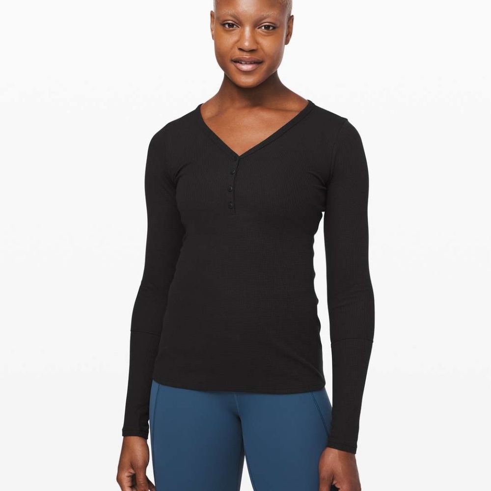 Lululemon Size 6 Close Call Henley Long Sleeve Black